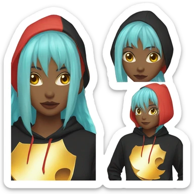 Lady with brunette and iridescent blue hair, gold, lime green dragon wings, black hoodie, bleach dyed, black and gold Nike t shirt, and bright red eyes sticker