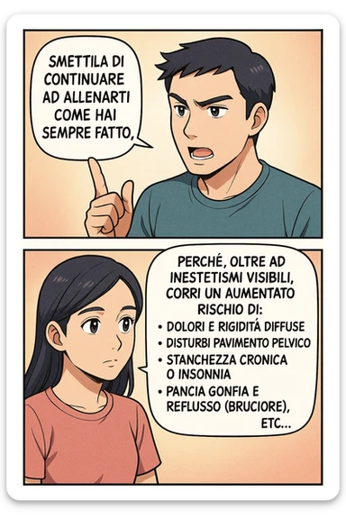 TRASFORMA QUESTO CAROSELLO IN UN FUMETTO STILE MANGA A COLORI CON QUESTE DUE PERSONE IDENTICHE CHE INTERLOQUISCONO TRA LORO:

LUI (UOMO): Smettila di continuare ad allenarti come hai sempre fatto perché, oltre ad inestetismi visibili, corri un aumentato rischio di:
    • dolori e rigidità diffuse
    • disturbi pavimento pelvico
    • stanchezza cronica o insonnia
    • pancia gonfia e reflusso (bruciore)
    • etc… sticker