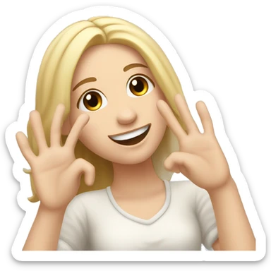 Happy pale girl wakes up in bed and stretches hands up in the air  sticker