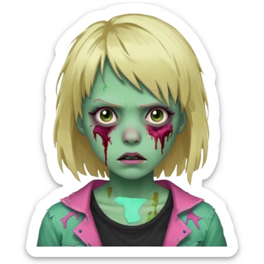 A zombie with pale green skin, messy blonde hair, and bangs with a pink streak on the left side. She has a blank stare and wears torn clothes. Creepy but stylish! sticker