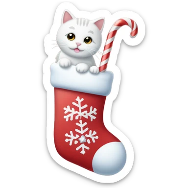 light red stocking with snowflakes on it and a small white cat poking out of the stocking and a candy cane beside the cat sticker