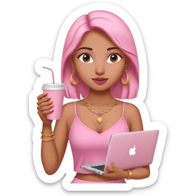 a pretty fair indian bratz girl with a pink cami top, drinking takeaway brown coffee, golden dainty necklace and carrying a white macbook sticker