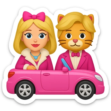 Add Barbie and Ken style wigs to both cats, keep them in a pink convertible, emoji style, no background. The style should resemble emoji style with bright colors and simple shapes. sticker