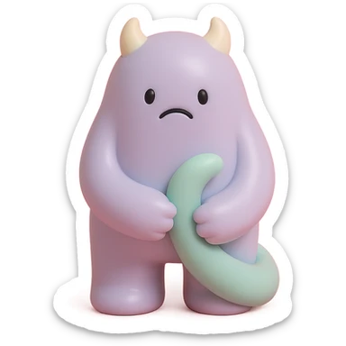 small monster with drooping shoulders, holding its own tail, gentle lighting, subtle colors, toy-like vinyl figure style sticker
