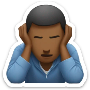 person with their head resting on a desk, indicating frustration or exhaustion. The person should have short hair, be wearing casual clothing, and the desk should be a plain wooden surface. sticker