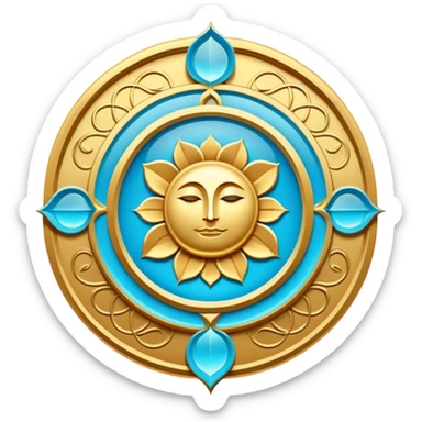 Un libro book dorado y azul celeste con detalles esmeralda, bordes luminosos y un símbolo de círculo zen, loto en la portada, irradiando presencia, tranquilidad y despertar espiritual. portada de libro sticker