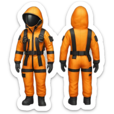 2 persons in orange Orange hazmat suit, black boots, belt with pouches, front view sticker