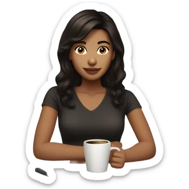 Girl medium length brown/black hair and coffee sticker
