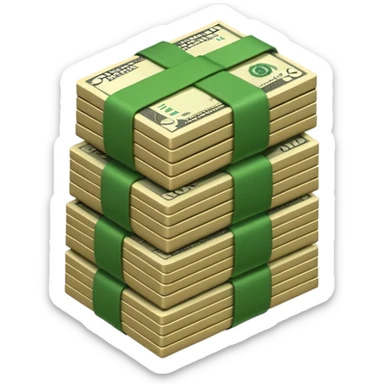 3D icon of stacked US dollar bundles with green straps, isometric view, game style sticker