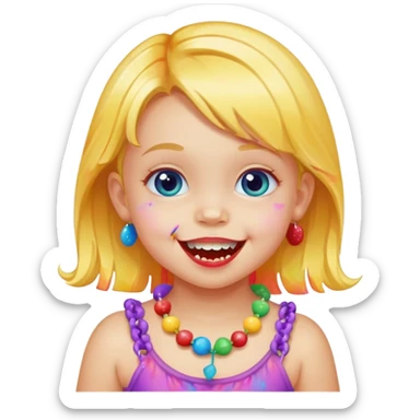 A toddler with candy necklace, grinning with colorful sugar stains on her mouth. sticker