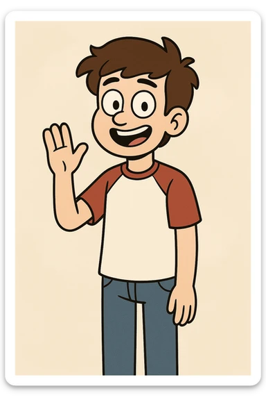 A boy brown hair black eyes red white shirt blue jeans a hand hello  sticker