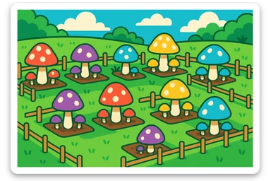 whimsical fungi farm with colorful mushrooms growing in neat rows, surrounded by tiny fences, in a lush green field, vibrant cartoon style sticker