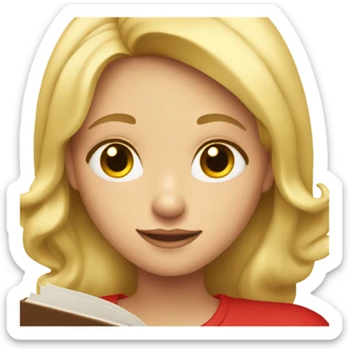 A blonde girl whit a red top whit a book making a heart sticker