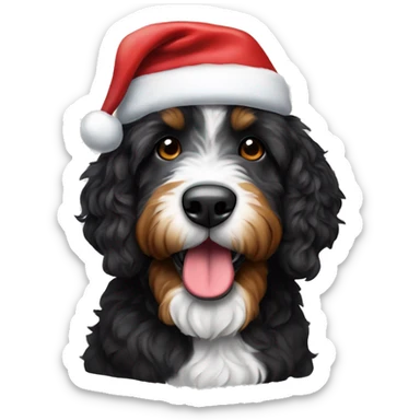 Bernedoodle Brindle dog wearing a Santa hat sticker