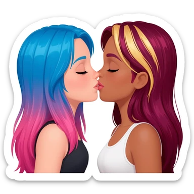 white, femme lesbians kissing, one has long blue and pink hair, the other has long burgundy hair with streaks of blonde and pink at the front sticker