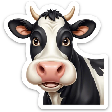 Cinematic Comical Black and White Cow Portrait Emoji, Head tilted dramatically with an exaggeratedly amused expression, featuring a striking, glossy coat of bold black and white, wide, expressive brown eyes filled with playful disbelief, Simplified yet hilariously expressive features, highly detailed, glowing with a slightly sassy glow, high shine, dramatic yet playful, stylized with an air of cheeky mischief, bright and endearing, soft glowing outline, capturing the essence of a spirited and over-the-top cow, so meme-worthy it feels like it could moo its way into internet fame instantly! sticker