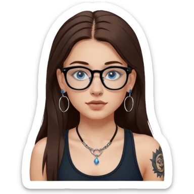 WHITE girl with long brown hair, part going more to the RIGHT side, BLUE eyes, wearing BLACK rectangle plastic frame glasses. SEPTUM nose piercing hoop (at bottom of nose) AND stud nose piercing on right side of nose. Wearing BLACK tank top. Arm tattoos. Hoop earrings sticker