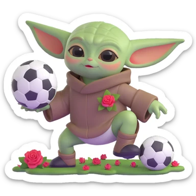 baby Yoda kicking a soccer ball with small roses beside him sticker