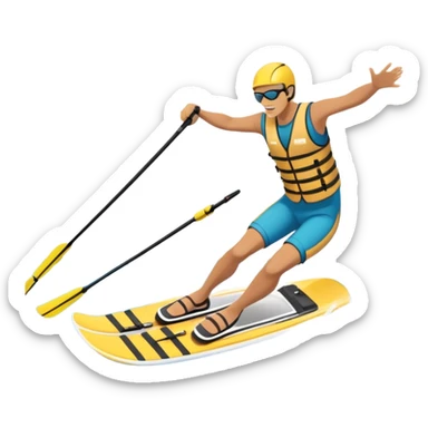 An icon showing a pair of water skis skimming across the surface of a lake, with a skier in motion. The design includes a wake behind the skier, splashing water, and the sun reflecting on the water. Transparent background highlights the speed and thrill of water skiing. sticker