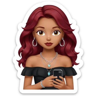 a pretty bratz girl with wavy dark red hair, wearing a black off shoulder top . silver dainty layered necklaces, carrying an iphone sticker