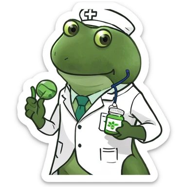 bufo the doctor, holding a green medicine, full doctor outfit sticker