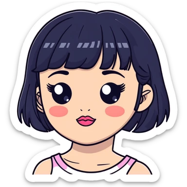 Girl , fair skin with black medium hair with bangs and pretty big eyes long lashes, pink lips and cheeks  sticker