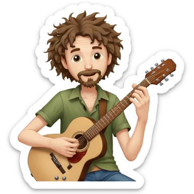 Generate a malnourished dude with curly hair and a shitty goatee who is high on marijuana playing the guitar and twisting a strand of his hair sticker