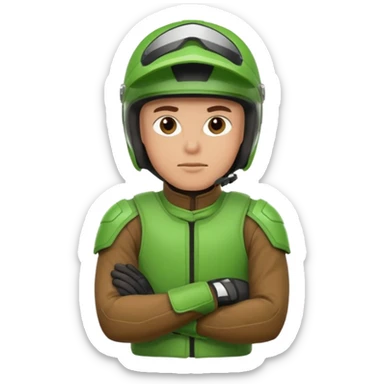 dirtbike rider in green gear with arms crossed, and thinking sticker
