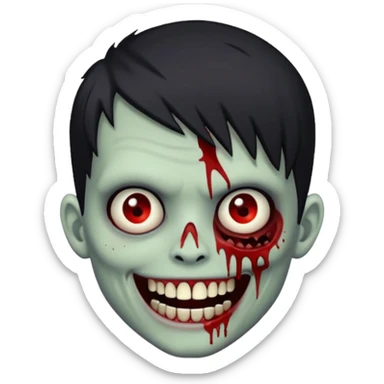 zombie boy with emo hair, white skin, and white eyes; an open smile, and bloodied teeth; sticker