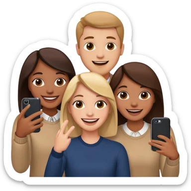 three friends holding phone selfie smiling sticker
