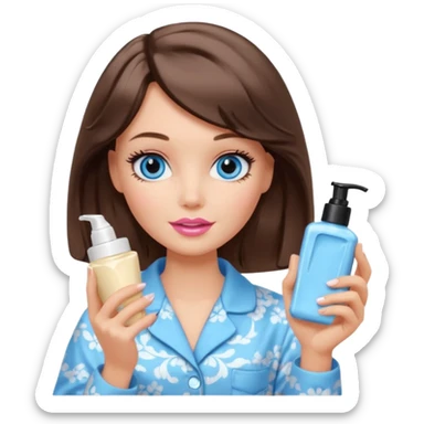 Barbie girl with makeup, blue eyes , and bob long haircut wavy, short brown hair in creamy color pajamas, face cream in hand sticker