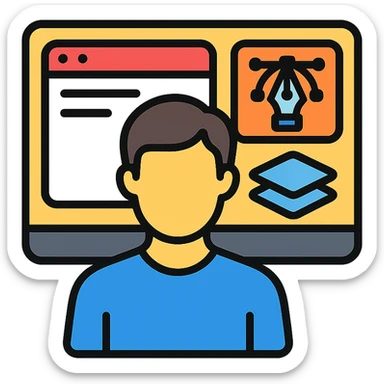 web designer as a color outline icon, with a monitor displaying a website and design symbols like a pen tool and layers sticker
