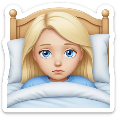 Sad blonde girl blue eyes in bed sticker
