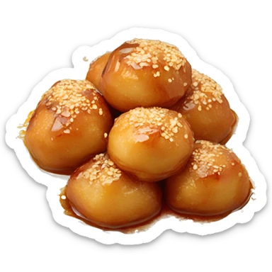 Greek loukoumades in a plate with honey drizzle and sesame seeds sticker