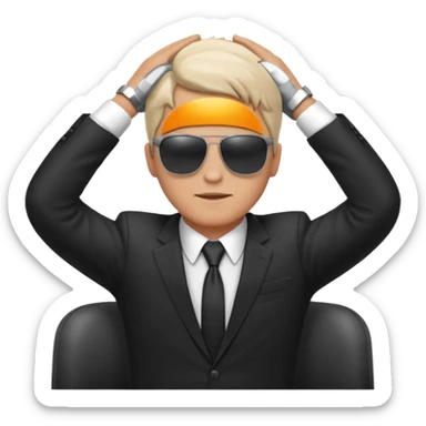 white man in formal suit wearing sunglasses resting with hands behind head sticker