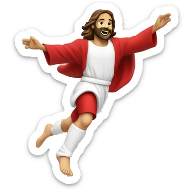 Jesus sprinting, with a large stride and arms outstretched, in a red santa costume sticker