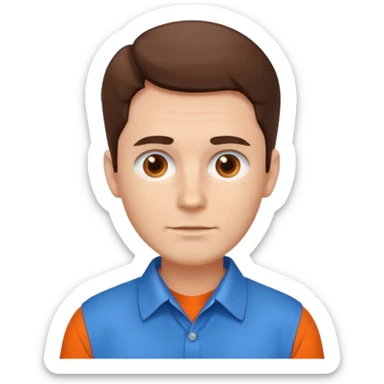 male, white skin, brown hair, brown eyes, orange shirt and blue collarbone, no wrinkles sticker