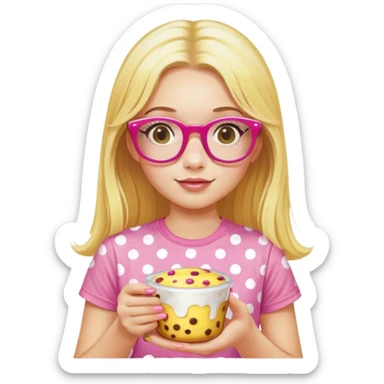 a girl with long lashes, long blonde hair, wearing yellow polka dot t-shirt, wearing pink glasses, holding a pudding sticker