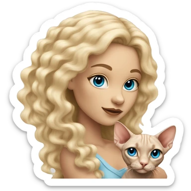 Blonde girl with curly long hair and blue eyes holding sphynx cat sticker