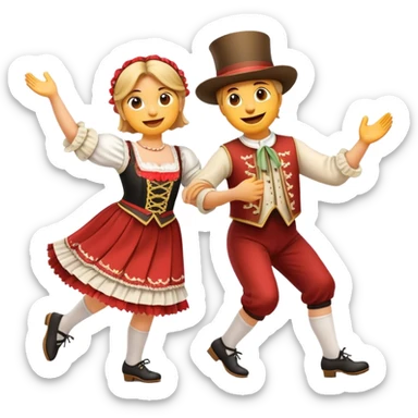Cinematic Realistic Schuhplattler Dance Emoji, depicted as a lively traditional folk dance scene with performers in authentic Bavarian costumes, rendered with dynamic textures and festive natural lighting that captures the spirit of rural celebration. sticker