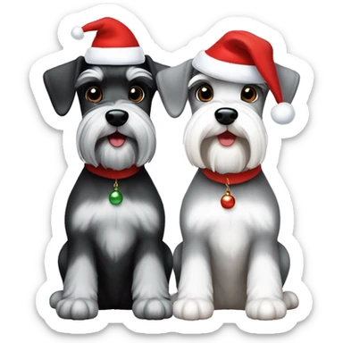 2 miniature schnauzers, 1 grey and one black and white, wearing Christmas hats  sticker