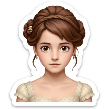 Cinematic Emma Watson Realistic Rococo Portrait, depicted with lifelike skin texture, subtle rosy undertones, and soft natural lighting that enhances the gentle contours of her face. Her intricately detailed brown hair is elegantly styled in an updo, sticker