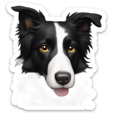 A black and white border collie with an skewed to the left white spot on his head chewing on iPad cord sticker