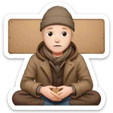A tired homeless man wearing a worn brown coat and beanie, sitting quietly with a cardboard sign in his hands.
 sticker