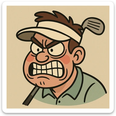 mad golfer's face, teeth clenched, red cheeks, golf visor, bold lines, cartoon style sticker