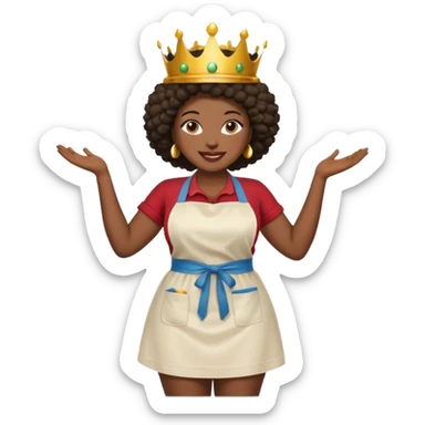 Mujer curvy afro, con piernas gordas y vestimenta cómoda, usando delantal,con una corona sobre su cabeza y sonrisa contagiosa.  sticker