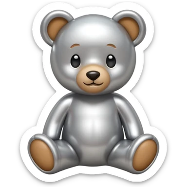 A cute teddy bear emoji made of liquid silver chrome, smooth rounded body, glossy metallic surface, soft reflections, friendly proportions, iOS emoji style, centered, clean white background sticker