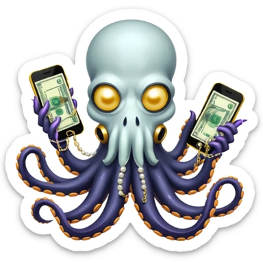 Intimidating octopus with pearl black skin, neon suction cups. Evil glaring eyes. Wearing white face mask and thick gold chain. 2 tentacles are holding their own cellphone, 2 more tentacles are holding stacks of money. sticker
