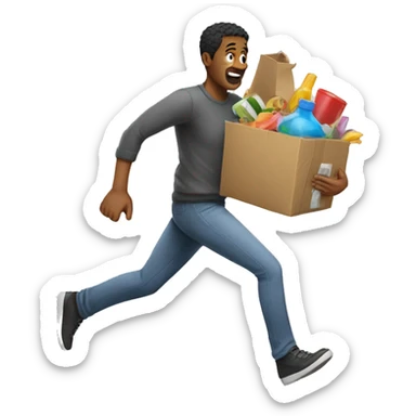 a man collects a bunch of things and runs sticker