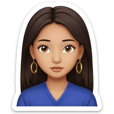 girl with brown asian eyes, long eyelashes, layerd mid length hair dark brown, tanned skin hoop earrings middle parting hair  sticker